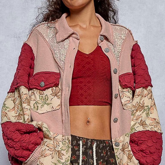 P59. NEW POL Quilted Lace Jacket Floral Pearls Balloon Sleeve Relaxed Fit Mauve - Picture 2 of 9